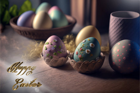 Happy Easter. Congratulatory easter background. Easter poster and banner template . Greetings and presents for Easter Day. Promotion and shopping template for Easte. Luxury realistic creative. . High quality photoの写真素材