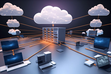 Devices connected to storage in the data center , tablet, phone home devices with an online . Cloud...