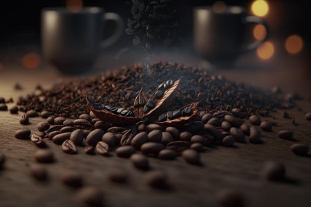 Delicious hot and playful organic cup of coffee with quality and fresh beans with excellent serving and creative design and decor. high quality 3d illustrationの写真素材