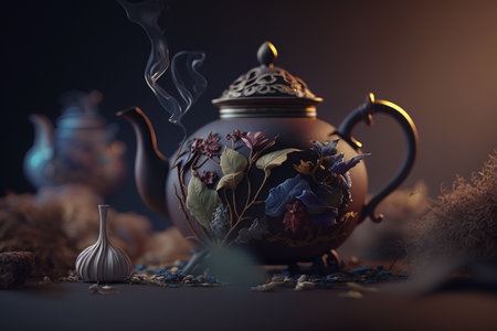 A deliciously hot and playful cup of organic tea made from quality and fresh leaves with great serving and creative design and decor. .High quality 3d illustrationの写真素材