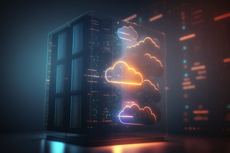 Devices connected to storage in the data center , tablet, phone home devices with an online . Cloud...