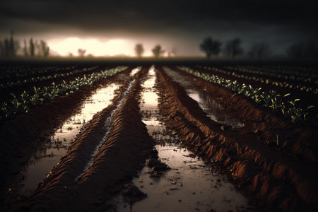 plowed land of an agricultural field ready for planting or sowing in spring beds . Agricultural land field. Furrows from the plow. Farm.の写真素材