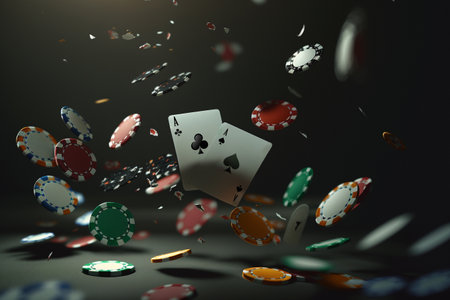Texas poker Hold'em cards and chips. Poker online, player's smartphone at the poker table, poker room. Poker game, online casino, card games. Modern design, magazine style.の写真素材