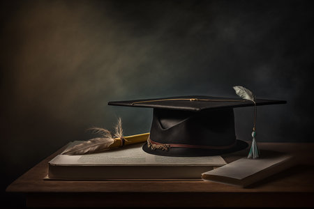 the graduate's hat. university students graduation. graduation hat. Academic cap. template for design party high school or college. diploma and certificate. High quality 3d illustration.の写真素材