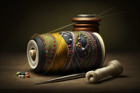 Tailor or dressmaker work and fashion designer atelier sketch items. sewing machine or seamstress pattern cut and dress fitting dummy mannequin with thread, needle or thimble and iron.の写真素材