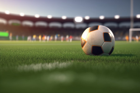 Soccer championship or football sport game tournament flying ball. symbol of soccer ball flying to goal on arena stadium for football cup or college league team and fan club. .の写真素材