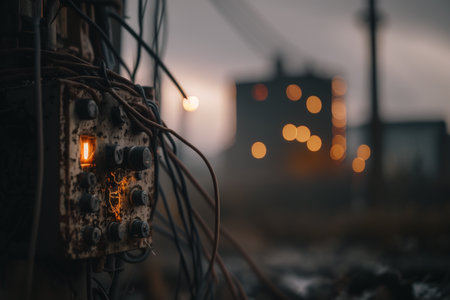 electrical connection. Energy infrastructure, supply distribution of energy, , transmission, high voltage supply, plasma power, High power electricity poles in urban area connected to smart gridの写真素材