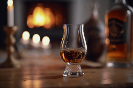 whiskey glass. brandy. Bottle of whiskey with ice. Glass of Scotch and ice sits on top of a rustic whiskey barrel. old fashioned cocktail classic bourbon and bitters barrels.の写真素材