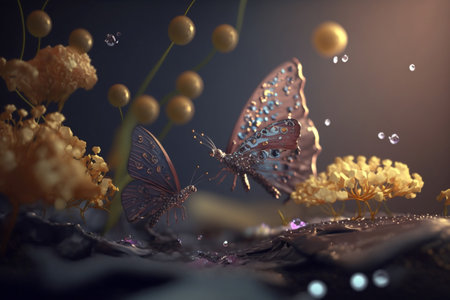 A unique and creative collection of beautiful moths and butterflies. Delicate flight. Wonderful meadow of flowers, morning dew, cute insects, wings, moon nature, sunlightの素材