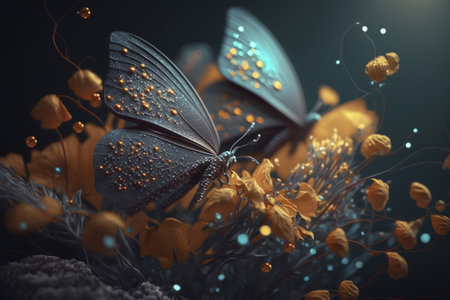 A unique and creative collection of beautiful moths and butterflies. Delicate flight. Wonderful meadow of flowers, morning dew, cute insects, wings, moon nature, sunlightの素材