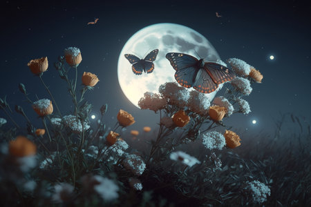 A unique and creative collection of beautiful moths and butterflies. Delicate flight. Wonderful meadow of flowers, morning dew, cute insects, wings, moon nature, sunlightの素材