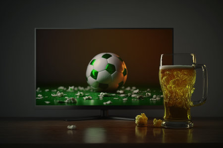 TV, television watching football match with snacks and alcohol. relax in front of the TV. A fan match play off. a plate of potato chips mug of beer on the table. popcorn drinks.の素材