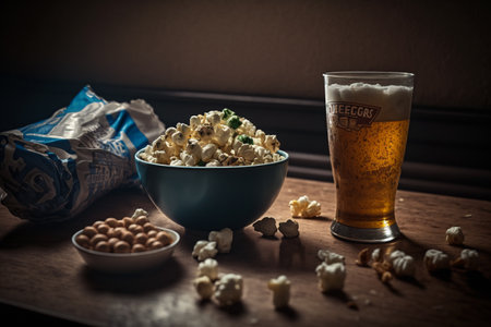 TV, television watching football match with snacks and alcohol. relax in front of the TV. A fan match play off. a plate of potato chips mug of beer on the table. popcorn drinks.の素材