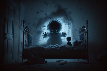 Children's sleep problem. Sleep fears. nightmares, scary dreams, children's room, gloomy dark atmosphere, children's bed, monsters over the bed,の素材