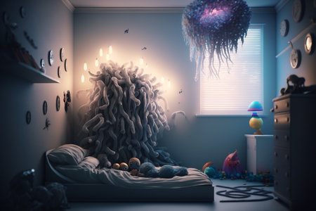 Children's sleep problem. Sleep fears. nightmares, scary dreams, children's room, gloomy dark atmosphere, children's bed, monsters over the bed,の素材