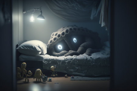Children's sleep problem. Sleep fears. nightmares, scary dreams, children's room, gloomy dark atmosphere, children's bed, monsters over the bed,の素材