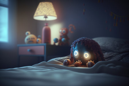 Children's sleep problem. Sleep fears. nightmares, scary dreams, children's room, gloomy dark atmosphere, children's bed, monsters over the bed,の素材