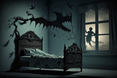 Children's sleep problem. Sleep fears. nightmares, scary dreams, children's room, gloomy dark atmosphere, children's bed, monsters over the bed,の素材