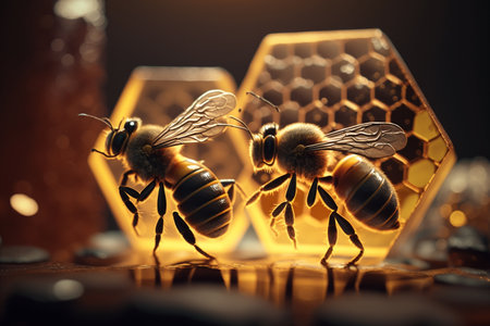 creative and gorgeous sets of sweet and fresh honey, bees and honeycomb. Proper nutrition, natural sugar substitute, ecological fructose, healthy living. flowers of the meadow.の素材