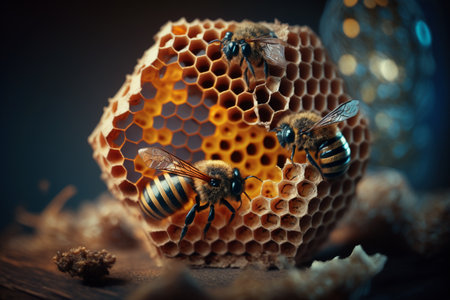 creative and gorgeous sets of sweet and fresh honey, bees and honeycomb. Proper nutrition, natural sugar substitute, ecological fructose, healthy living. flowers of the meadow.の素材