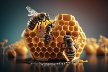 creative and gorgeous sets of sweet and fresh honey, bees and honeycomb. Proper nutrition, natural sugar substitute, ecological fructose, healthy living. flowers of the meadow.の素材