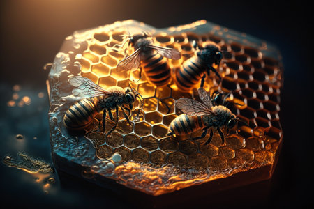 creative and gorgeous sets of sweet and fresh honey, bees and honeycomb. Proper nutrition, natural sugar substitute, ecological fructose, healthy living. flowers of the meadow.の素材