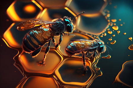 creative and gorgeous sets of sweet and fresh honey, bees and honeycomb. Proper nutrition, natural sugar substitute, ecological fructose, healthy living. flowers of the meadow.の素材