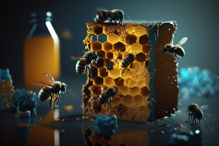 creative and gorgeous sets of sweet and fresh honey, bees and honeycomb. Proper nutrition, natural sugar substitute, ecological fructose, healthy living. flowers of the meadow.の素材