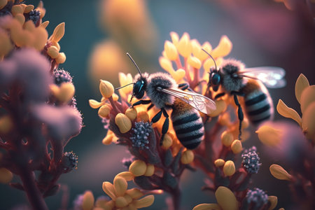 A bees collects honey on flowers on nature. Closeup of a honey bee feeding nectar. Multicolored flowering summer meadow. golden lush blooming. wildflower meadow with wild herbs and flowers.の素材