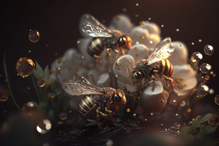 A bees collects honey on flowers on nature. Closeup of a honey bee feeding nectar. Multicolored flowering summer meadow. golden lush blooming. wildflower meadow with wild herbs and flowers.の素材