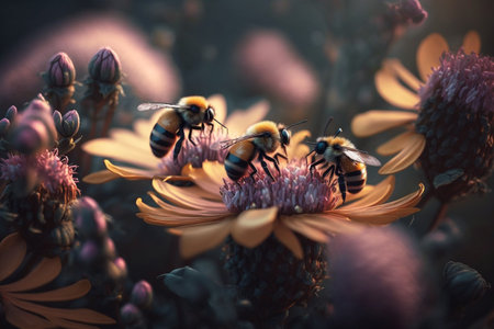 A bees collects honey on flowers on nature. Closeup of a honey bee feeding nectar. Multicolored flowering summer meadow. golden lush blooming. wildflower meadow with wild herbs and flowers.の素材