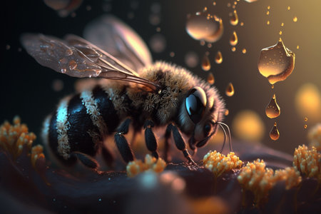 A bees collects honey on flowers on nature. Closeup of a honey bee feeding nectar. Multicolored flowering summer meadow. golden lush blooming. wildflower meadow with wild herbs and flowers.の素材