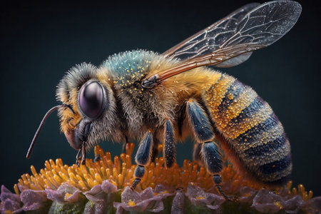 A bees collects honey on flowers on nature. Closeup of a honey bee feeding nectar. Multicolored flowering summer meadow. golden lush blooming. wildflower meadow with wild herbs and flowers.の素材