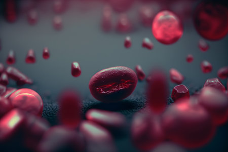 the flow of human erythrocytes. Red biconvex blood cells.Medical hematology background with macro erythrocytes. plasma with erythrocyte.の素材