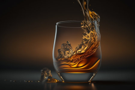 whiskey glass. brandy. Bottle of whiskey with ice. Glass of Scotch and ice sits on top of a rustic whiskey barrel. old fashioned cocktail classic bourbon and bitters barrels.の素材