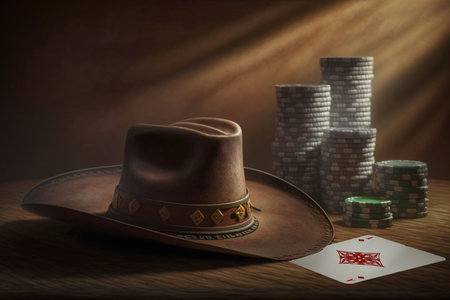 Texas poker Hold'em cards and chips. Poker online, player's smartphone at the poker table, poker room. Poker game, online casino, card games. Modern design, magazine style.の素材