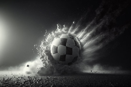 Soccer championship or football sport game tournament flying ball. symbol of soccer ball flying to goal on arena stadium for football cup or college league team and fan club. .の素材