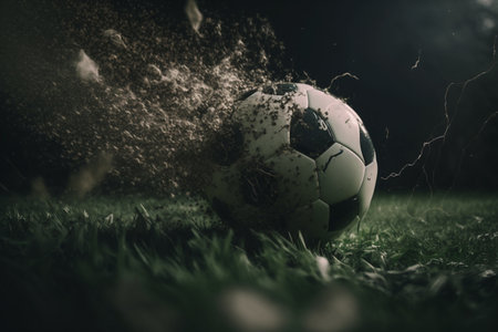 Soccer championship or football sport game tournament flying ball. symbol of soccer ball flying to goal on arena stadium for football cup or college league team and fan club. .の素材