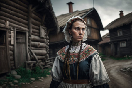 Culture of Ukraine, authenticity, uniqueness, independence and endurance. Local things, clothes, terrain. Yellow Ukrainian symbols, villages. High quality Generative AI.の素材