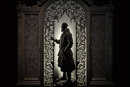 The priest absolves the parishioner in the confessional in the church. Faith, religion, comfort, pastor. Catholic in cassock holding cross in booth. Bible and listening to confessionの素材