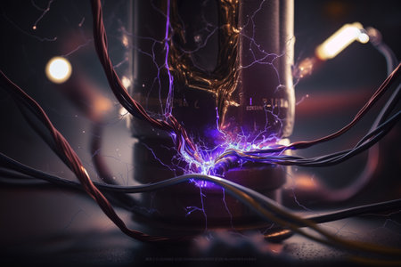electrical connection. Energy infrastructure, supply distribution of energy, , transmission, high voltage supply, plasma power, High power electricity poles in urban area connected to smart gridの素材