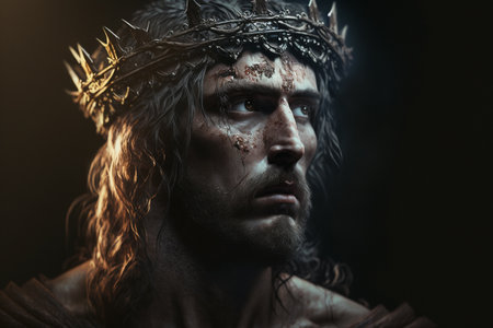 Jesus Christ with Crown of Thorns. Easter, Crucification or Resurrection concept. He is Risen. Religious. easter and good friday. Savior of mankind. high quality 3d illustrationの素材
