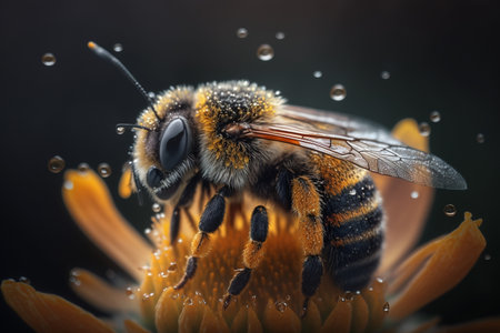A bees collects honey on flowers on nature. Closeup of a honey bee feeding nectar. Multicolored flowering summer meadow. golden lush blooming. wildflower meadow with wild herbs and flowers.の素材