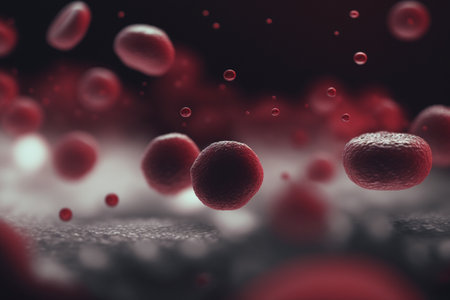 the flow of human erythrocytes. Red biconvex blood cells.Medical hematology background with macro erythrocytes. plasma with erythrocyte.の素材