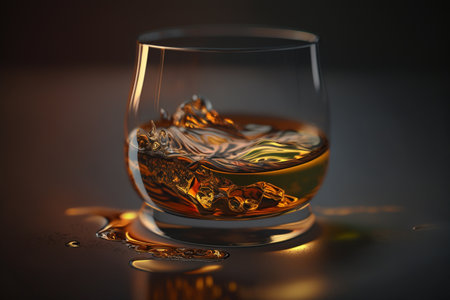 whiskey glass. brandy. Bottle of whiskey with ice. Glass of Scotch and ice sits on top of a rustic whiskey barrel. old fashioned cocktail classic bourbon and bitters barrels.の素材