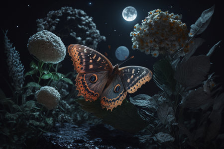 A unique and creative collection of beautiful moths and butterflies. Delicate flight. Wonderful meadow of flowers, morning dew, cute insects, wings, moon nature, sunlightの素材
