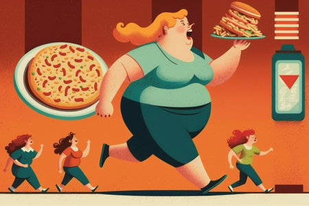 fast food problem of being overweight. Improper diet, junk food, unhealthy habits. Overweight problem, fat people, big belly, extra calories, diet. Burger Fat Proper nutrition.の素材