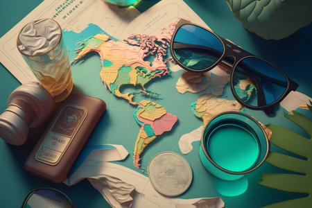 Colorful concept of summer holidays and holidays. Time for rest and leisure, weekends and vacations, entertainment planning, trips, travels. Pleasure. Assembling things, accessories for the trip.の素材