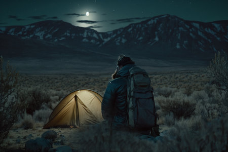 Vacation weekend in nature with a backpack. Sunset in the woods. Mountain landscape travel lifestyle camping. Summer trip in nature. Relaxing and lying in a sleeping bag in a tent.の素材