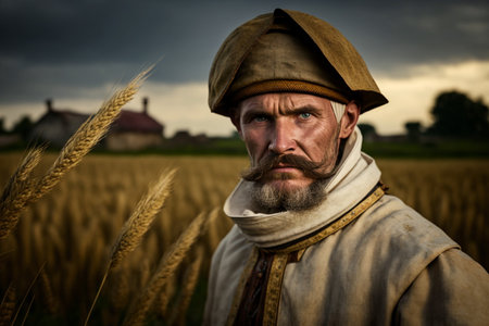 Culture of Ukraine, authenticity, uniqueness, independence and endurance. Local things, clothes, terrain. Yellow Ukrainian symbols, villages. High quality Generative AI.の素材